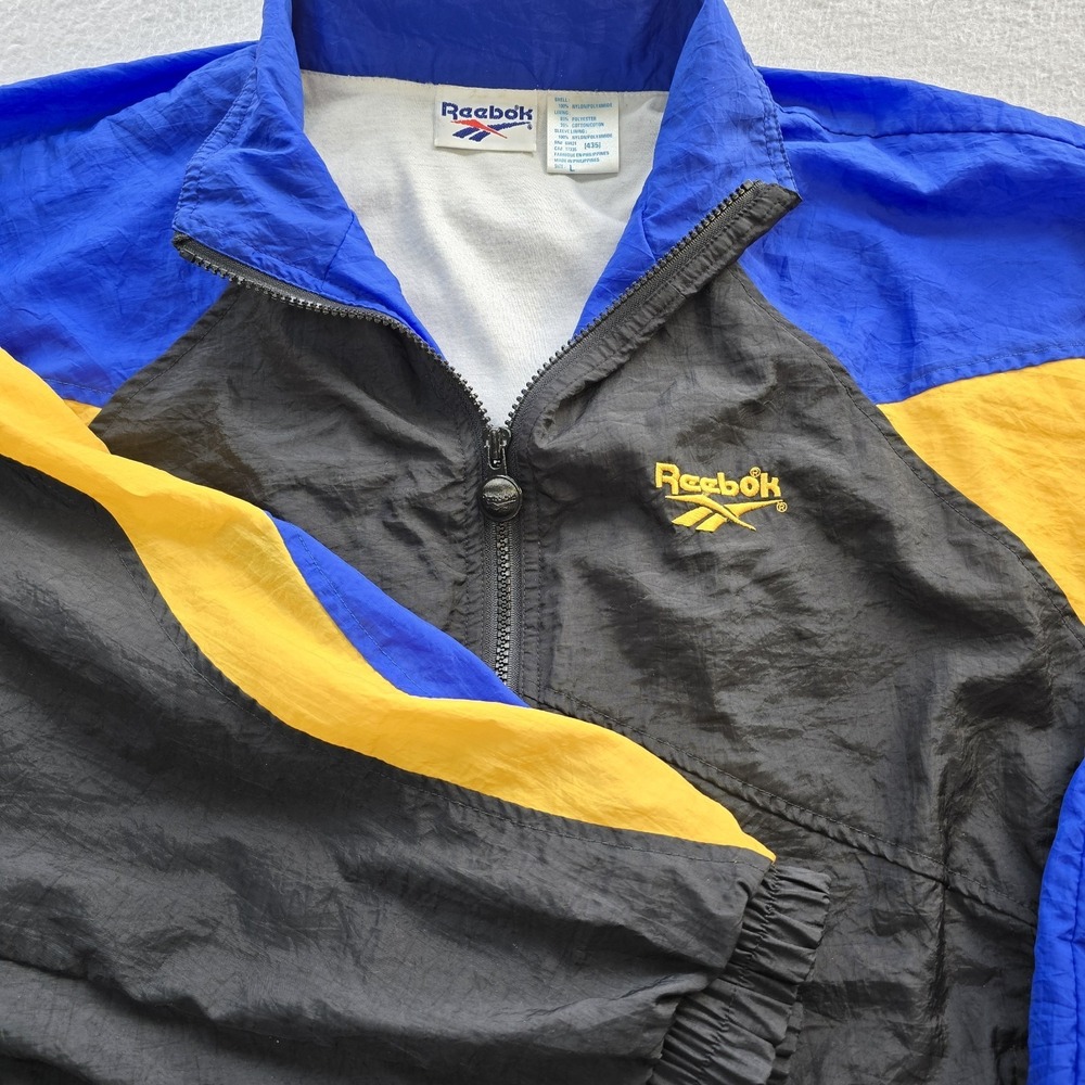 Vintage 90s Reebok Windbreaker Jacket L Blue White Vector Logo Retro Streetwear